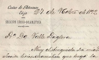 Carta de pésame de 1892, del Casino de Artesanos, a la viuda de Benito Mas y Prat de Écija