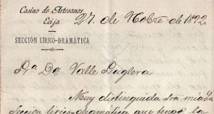 Carta de pésame de 1892, del Casino de Artesanos, a la viuda de Benito Mas y Prat de Écija