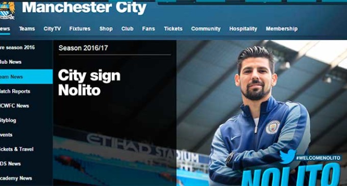 El jugador que comenzó en el Écija, Nolito, es fichado por el Manchester City (ver noticia de la página del club en Inglés)