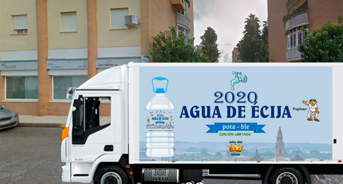 INOCENTADA 2020: Agua Campiña reparte hoy en Écija 20.200 garrafas de agua del grifo especialmente embotellada para compensar a los ciudadanos los gastos ocasionados por el benceno (diseño etiqueta por Cacu)
